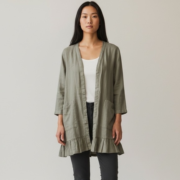 J. Jill Tops - J.Jill Pure Jill Linen Open Front Ruffle Hem Cardigan Olive XS Petite